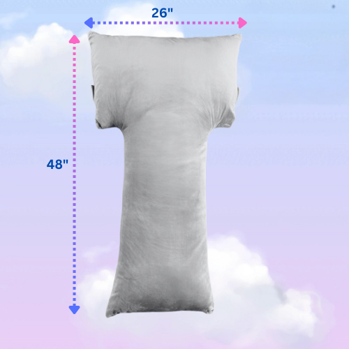 This image displays the Special T Pillow against a serene sky background, highlighting its unique T-shape. Dimensions are clearly marked, with a width of 26 inches and a length of 48 inches, illustrating the pillow's substantial size and shape designed for enhanced sleeping comfort.