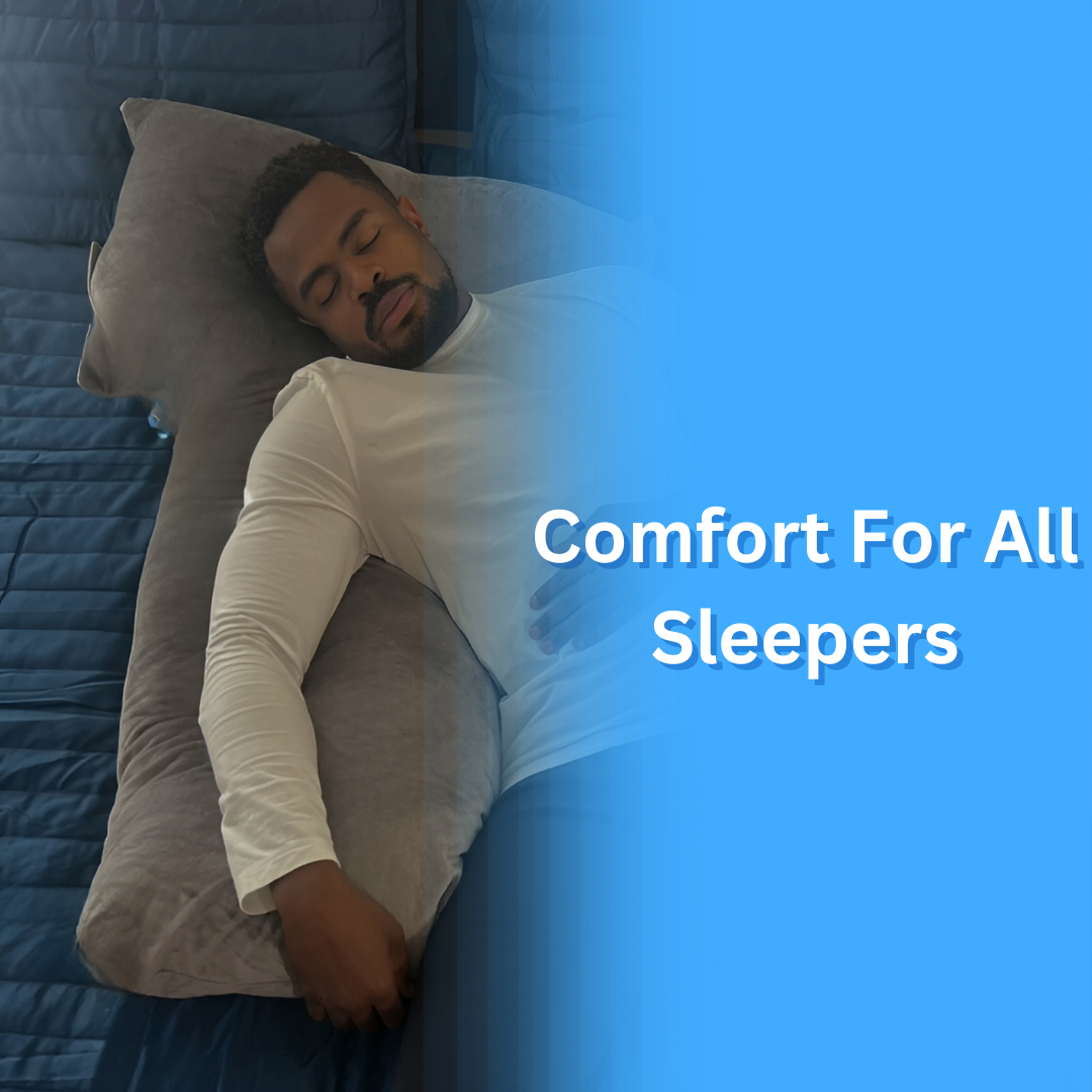 This image features a man lying on his side, comfortably resting on the grey Special T Pillow. The text 'Comfort For All Sleepers' underscores the pillow's versatility, suitable for various sleeping positions, showcased on a blue bed.