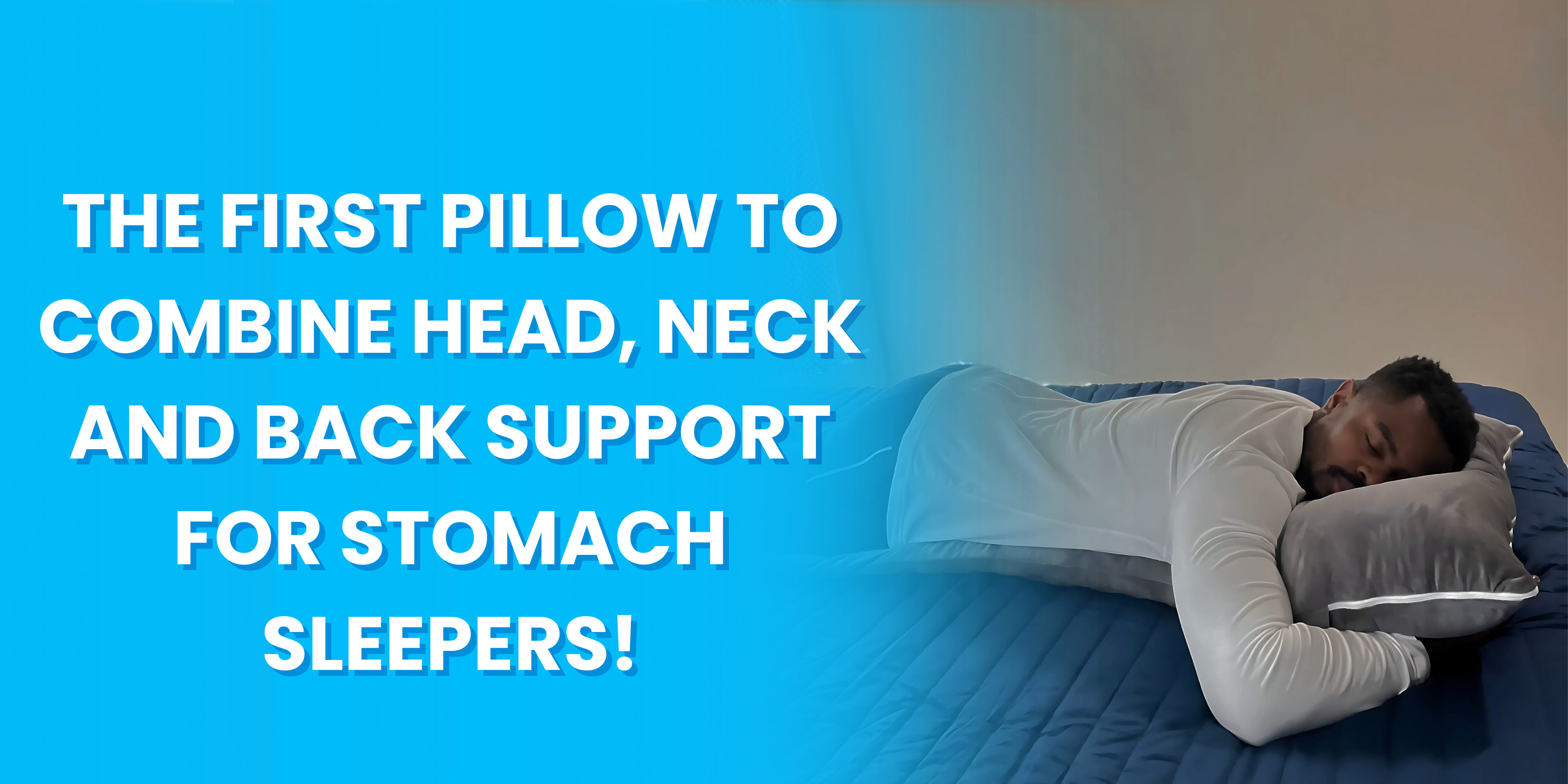 This image shows a man sleeping on a grey Special T Pillow, designed for stomach sleepers, on a blue bed. The text overlay highlights it as the first pillow to offer combined head, neck, and back support specifically for stomach sleepers.