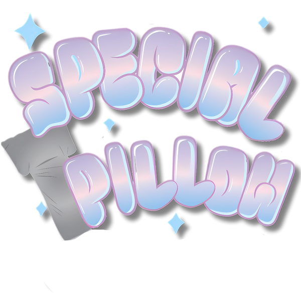 This image features the 'Special T Pillow' name in a playful, iridescent font that pops against a subtle image of a grey pillow in the background, highlighted with sparkling stars, enhancing the product’s enchanting appeal.